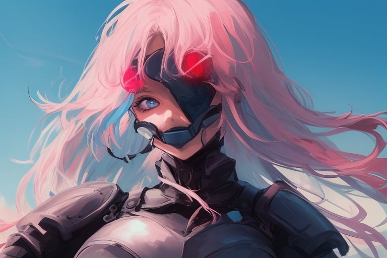 girl, blue and pink hair, shades, blue eye and red eye, armoured, beautiful sky, beautiful sun, heterocromy, red fades