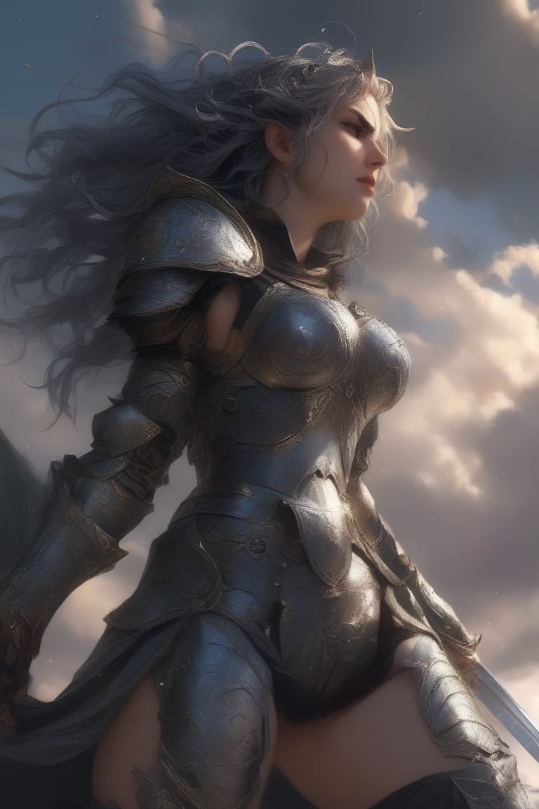 girl, armor, armored, big thighs, big_thighs, thicc thighs, medieval, sword, happy face, beautiful face, make up, piercings, elf ears, beautiful cenario, lights, daggers, beautiful sky, wind, detailed hair