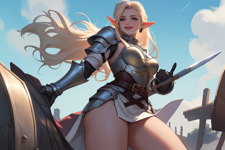 girl, armor, armored, big thighs, big_thighs, thicc thighs, medieval, sword, happy face, beautiful face, make up, piercings, elf ears, beautiful cenario, lights, daggers, beautiful sky, wind, detailed hair