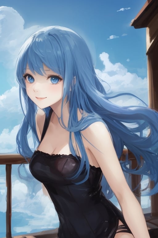 sexy, girl, long hair, beautiful sky, beautiful face, happy, blue hair