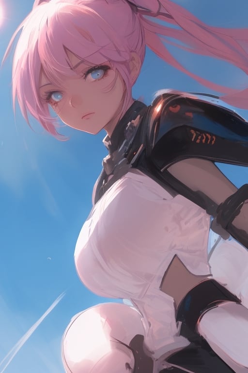 girl, blue and pink hair, shades, blue eye and red eye, armoured, beautiful sky, beautiful sun