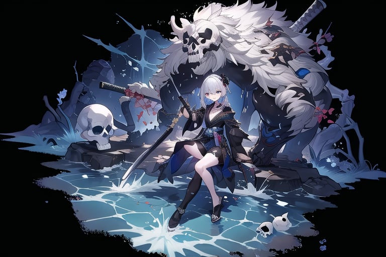 Emenator, dark clothes, katana, splash art, girl, beast skeletons behind