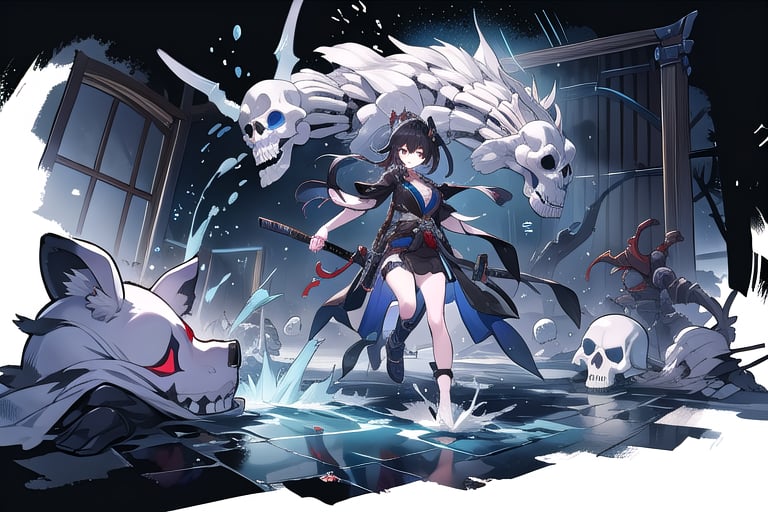 Emenator, dark clothes, katana, splash art, girl, beast skeletons behind