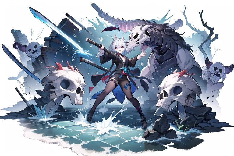 Emenator, dark clothes, katana, splash art, girl, beast skeletons behind