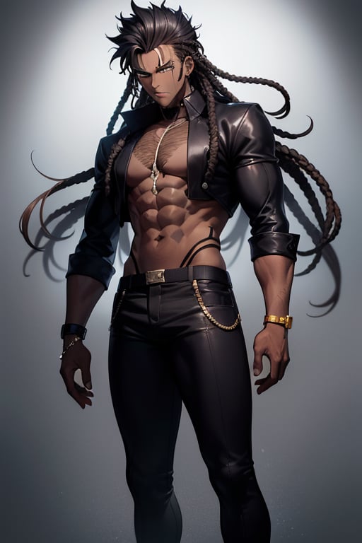 Shadow Drip is a striking african anime character with dread locks an edgy and mysterious presence. He stands at 6 feet ta...