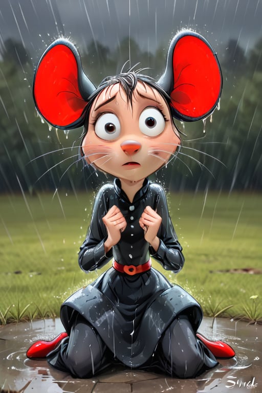 disney pixar style, a mouse comforting a smal kitten that is afraid of the rain and thunder