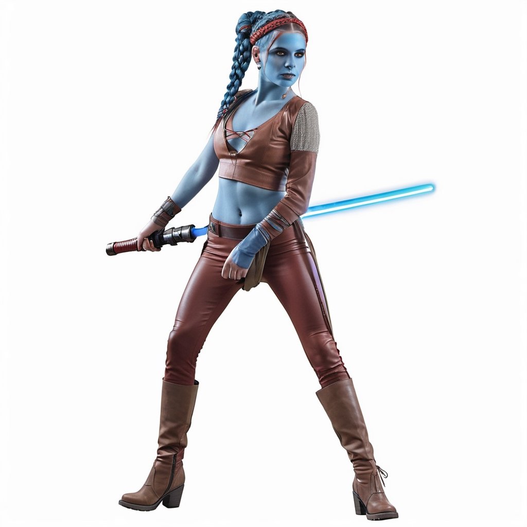 ultra realistic, highly detailed, 8k, hyper realistic, masterpiece, intricate details, full body view, photorealistic, A utopian scenario, a very pretty girl in her 20s who ((looks like Ayla Secura from Star Wars)), slim figure, blue skin color, long blue hair braided into a braid with a brown leather band, a ((red-brown cap with the sides reaching over her cheeks)), absurd huge breasts, a very tight cropped low-cut red brown leather top with absurd hugh breasts, tight red brown leather pants, long black army boots, holding a lightsaber, action pose,photo r3al