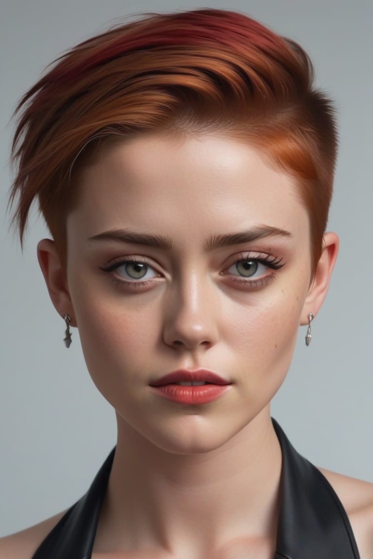 realistic, portrait of a young woman in her 20s, (short, straight, strong geometric) red hair, impure skin with some fracles, face is like a mix of Amber Heard and Selena Gomez, 