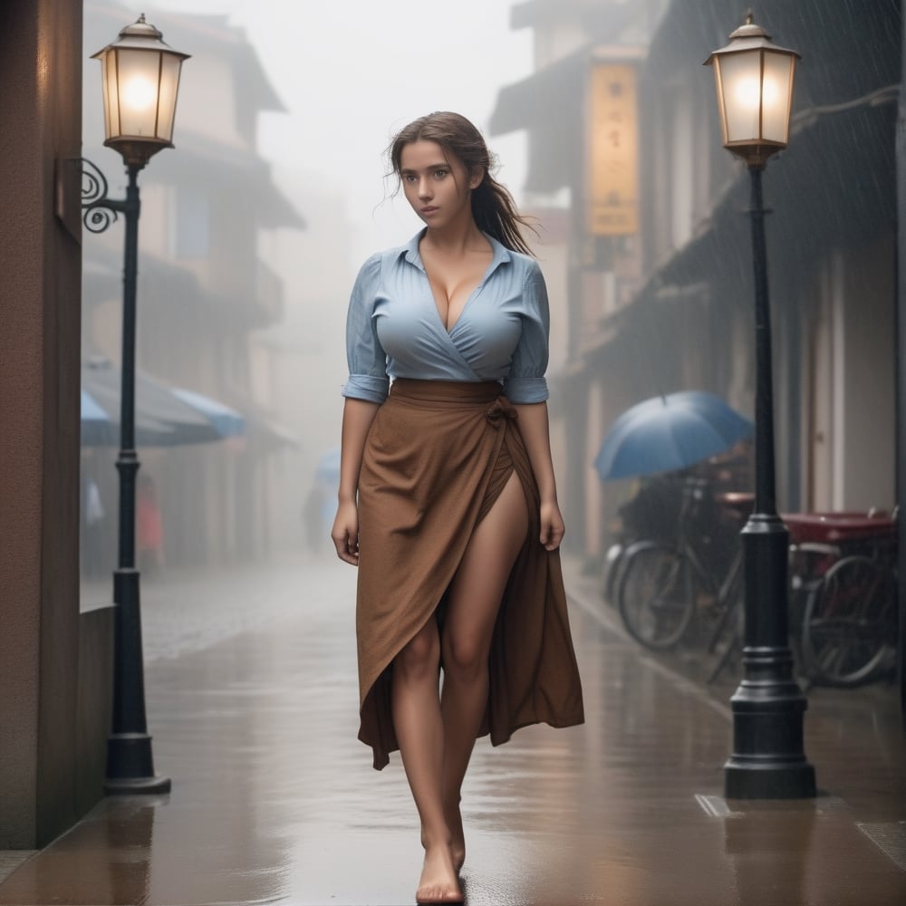 A young girl with ((enormous breasts)) is walking on a street, she is wearing a wide-cut light blue shirt and a brown wrap skirt, it is rainy, the street is paved, there are old lanterns to the left and right whose light illuminates the scenery,photo r3al