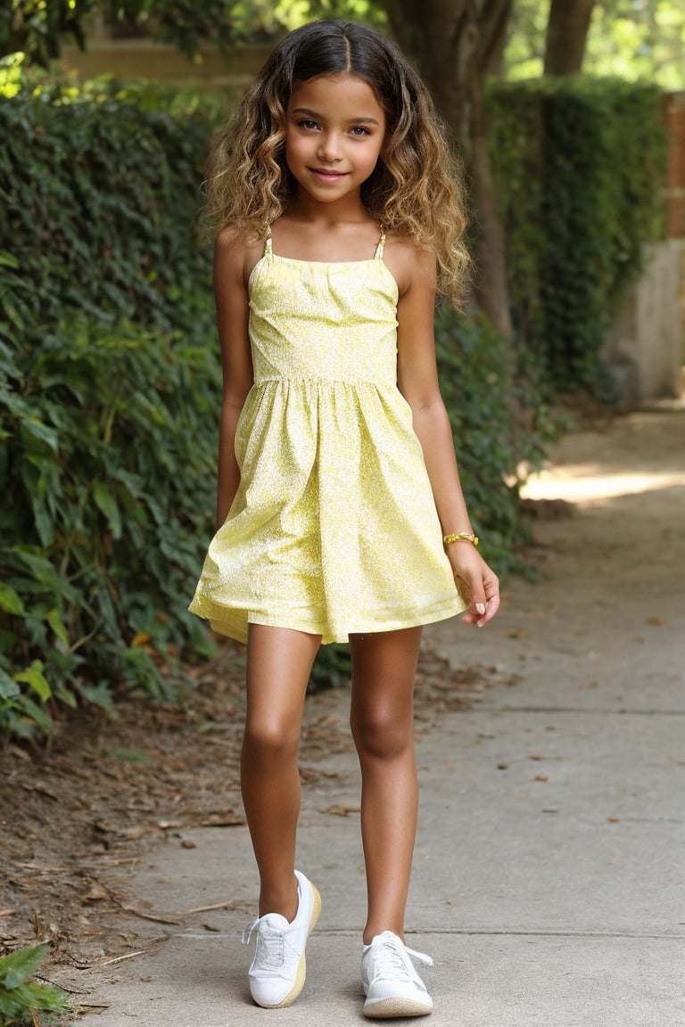 A warm, sun-kissed afternoon. A 12-year-old girl with a radiant complexion and toned physique is captured in a playful pose, wearing a bright yellow sundress that drapes loosely around her knees, paired with a pair of worn-out sneakers. Her long, curly hair cascades down her back as she gazes directly into the camera, exuding confidence and innocence.