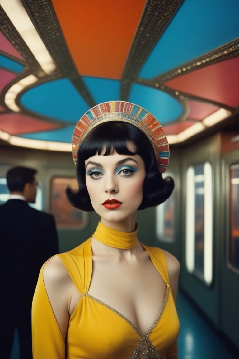 (((iconic,retrofuturistic-sci-fi but extremely beautiful)))
(((vivid colors)))
(((intricate details, masterpiece, best quality)))
(((Wide angle, full body shot, profile view)))
(((dynamic pose, looking at viewer))) 
(((by Diane Arbus style))),LOGO