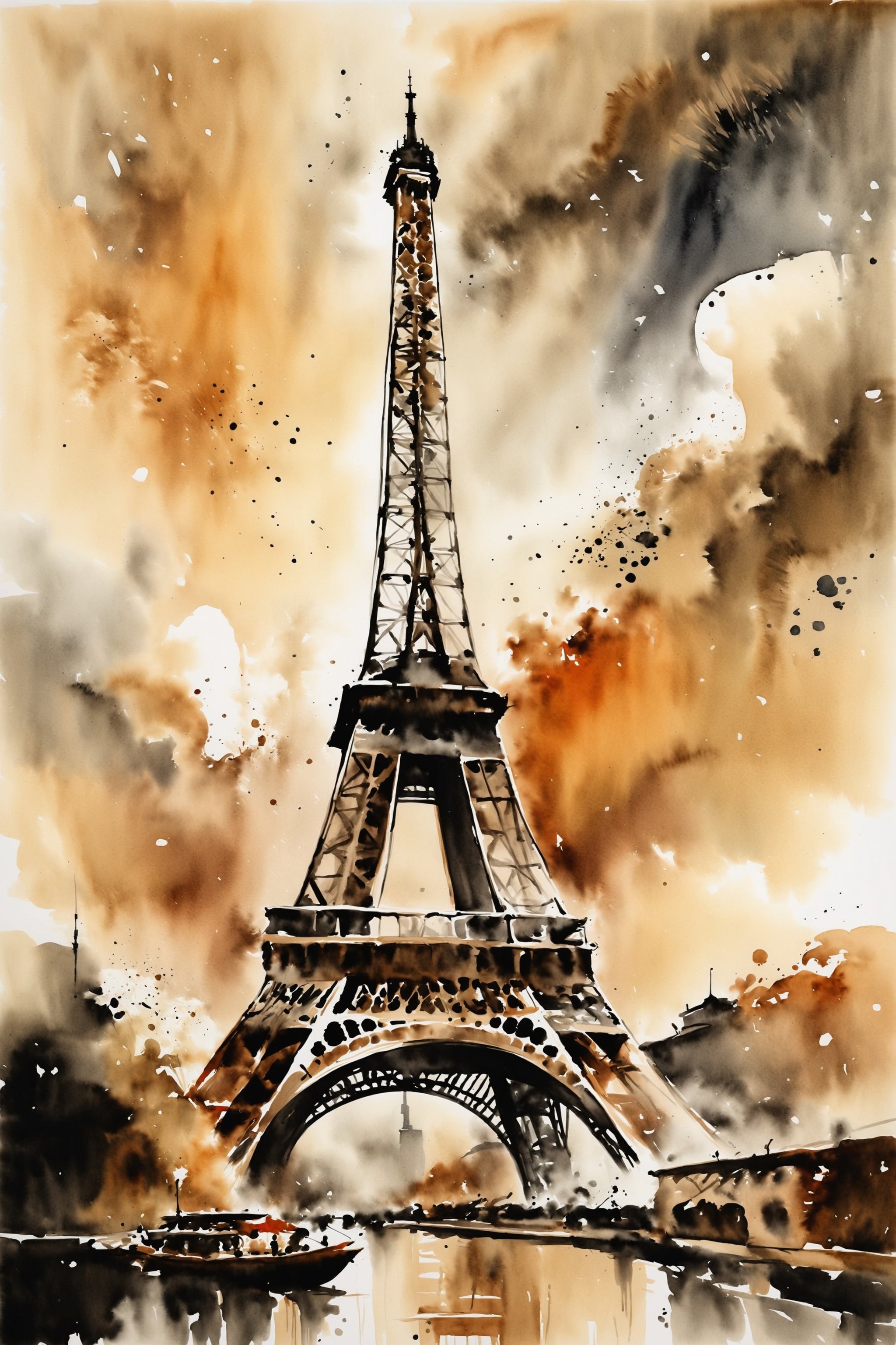 A captivating fusion of Chinese ink wash technique and Western perspective, featuring the iconic Eiffel Tower. The painting is characterized by fluid, expressive brushstrokes, and a dynamic composition, reflecting the essence of Chinese landscape painting. The tower's architectural grandeur is accentuated by the use of chiaroscuro, adding depth and dimension to the scene. The harmonious blend of Eastern and Western aesthetics creates a captivating visual narrative that transcends cultural boundaries.