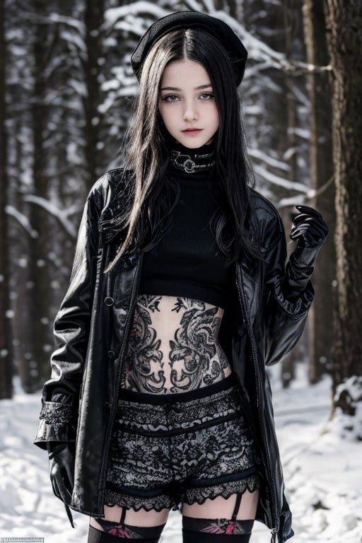 young goth girl,european,11 years old,full-body,realistic,long legs,long hands,cute,young,happy face,sporty,fit body,high resolution,slender,11 years old,slim,skiny,petite,thin,tiny,delicate,small-boned,slim hips,slim legs,slim hands,slender,real life,real,  detailmaster2,thigh high lace fishnet socks,shorts,happy face,posing,14years old,tattooed, tattoos, open coat,winter clothes,black,black gloves,european,sharp colors.,Detailedface