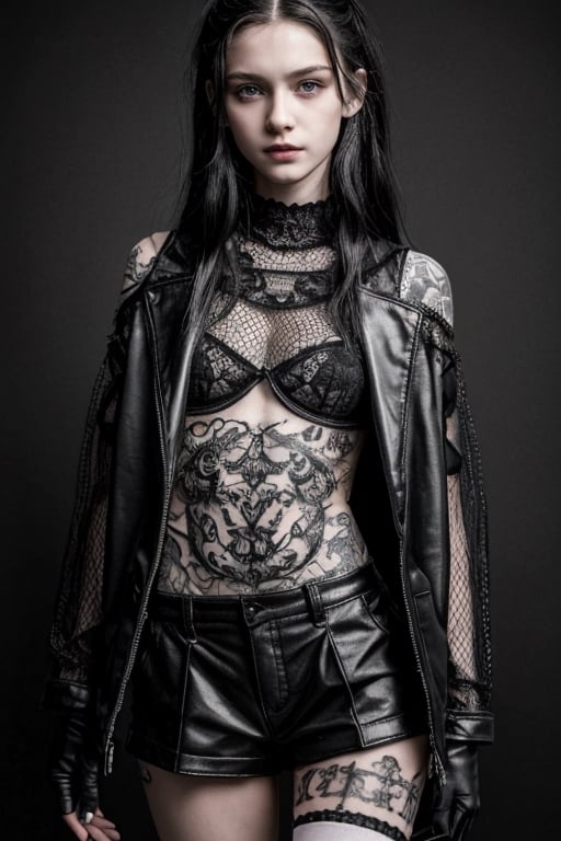 young goth girl,european,11 years old,full-body,realistic,long legs,long hands,cute,young,happy face,sporty,fit body,high resolution,slender,11 years old,slim,skiny,petite,thin,tiny,delicate,small-boned,slim hips,slim legs,slim hands,slender,real life,real,  detailmaster2,thigh high lace fishnet socks,shorts,happy face,posing,14years old,tattooed, tattoos, open coat,winter clothes,black,black gloves,european,sharp colors.,Detailedface