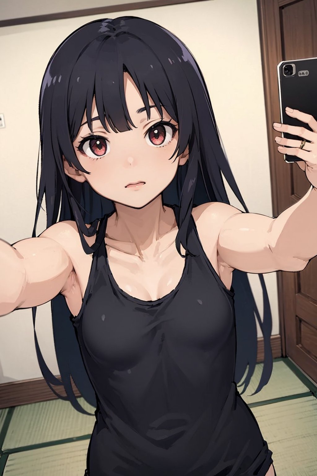 (masterpiece), best quality, hires, body, 1girl, japanese teen, smooth skin, small cute face, long hair, black hair, long neck, small arms, perfect thight, bare shoulder, normal breast, (clothing), black tank top, in bad room, selfie poses,