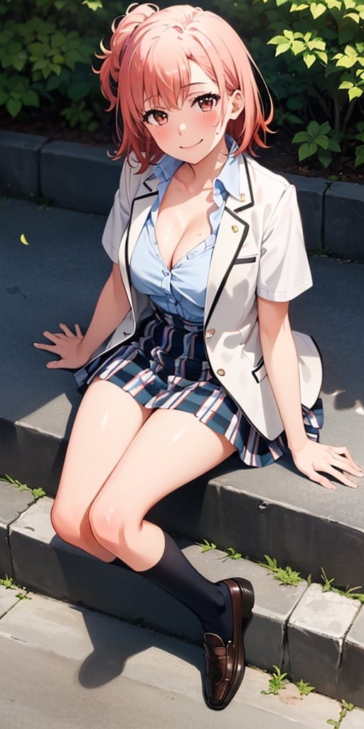 (masterpiece, best quality, detailed), 1girl, solo, blush, looking at viewer, closed mouth, smile, full body, sitting, on stairs, outdoors,
yuigahama yui, school uniform, white shirt, plaid skirt, blazer, open jacket, arm support, sweat, cleavage, (off shoulder:0.9), kneehighs, loafers, short sleeves
  