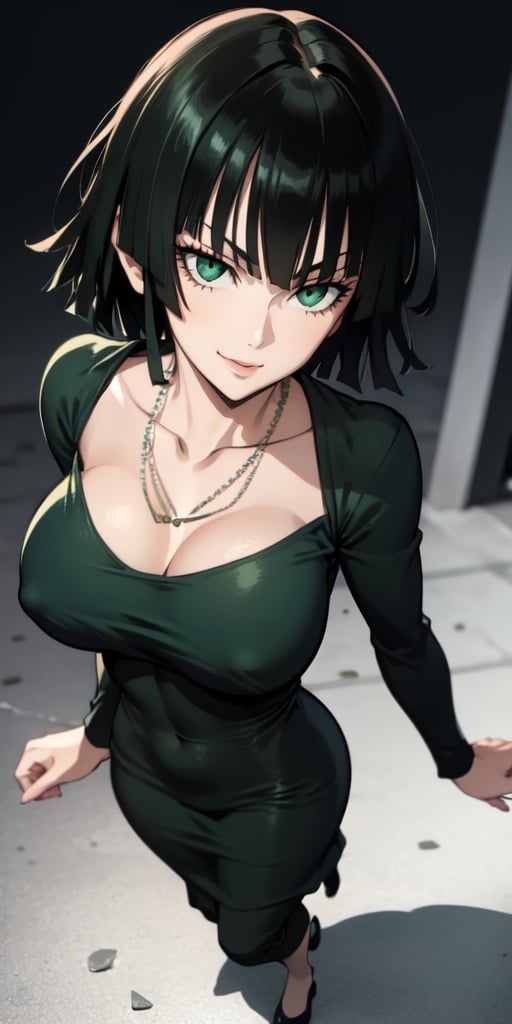 fubuki\(one punch man\),1girl,solo, large breasts, green eyes, black hair,portrait, taut clothes, taut dress, necklace, looking at viewer, mature female,, full-body_portrait, smile
