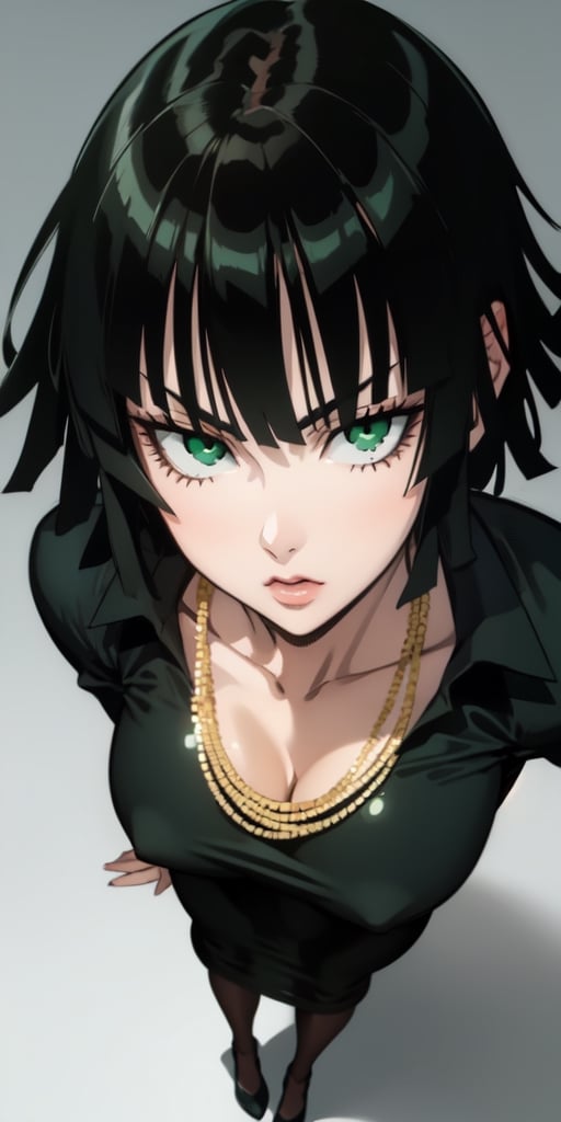 fubuki\(one punch man\),1girl,solo, large breasts, green eyes, black hair,portrait, taut clothes, taut dress, necklace, looking at viewer, mature female,, full-body_portrait
