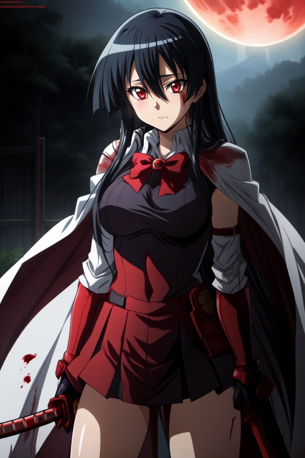 akame (akame ga kill) katana genshin impact style Red bowtie, long black hair, perfect legs, perfect arms, shirt with red stripes all over it, Big tits, gloves, elegant red gloves white cape brave red gloves long sleeves perfect hand, perfect eyes, perfect legs, Pieces of silver armor and a white cape black hair White cape 1 girl, akame (akame ga kill) katana, akame (akame ga kill) White rain cape and blood moon, 1girl,akame (akame ga kill)