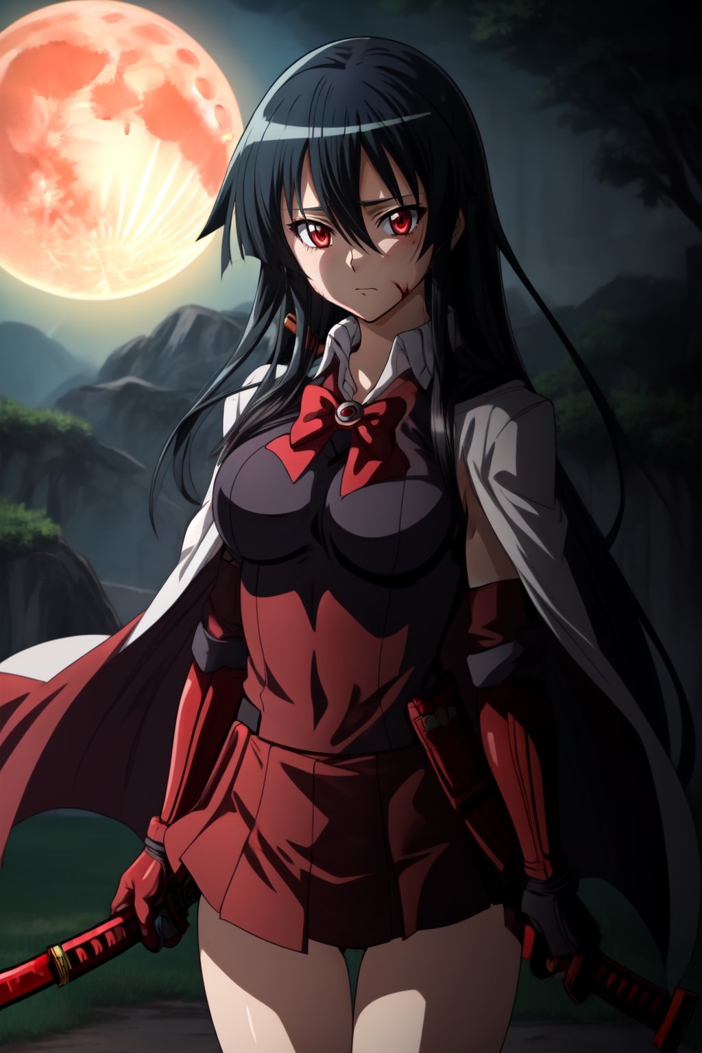 akame (akame ga kill) katana genshin impact style Red bowtie, long black hair, perfect legs, perfect arms, shirt with red stripes all over it, Big tits, gloves, elegant red gloves white cape brave red gloves long sleeves perfect hand, perfect eyes, perfect legs, Pieces of silver armor and a white cape black hair White cape 1 girl, akame (akame ga kill) katana, akame (akame ga kill) White rain cape and blood moon, 1girl,akame (akame ga kill)