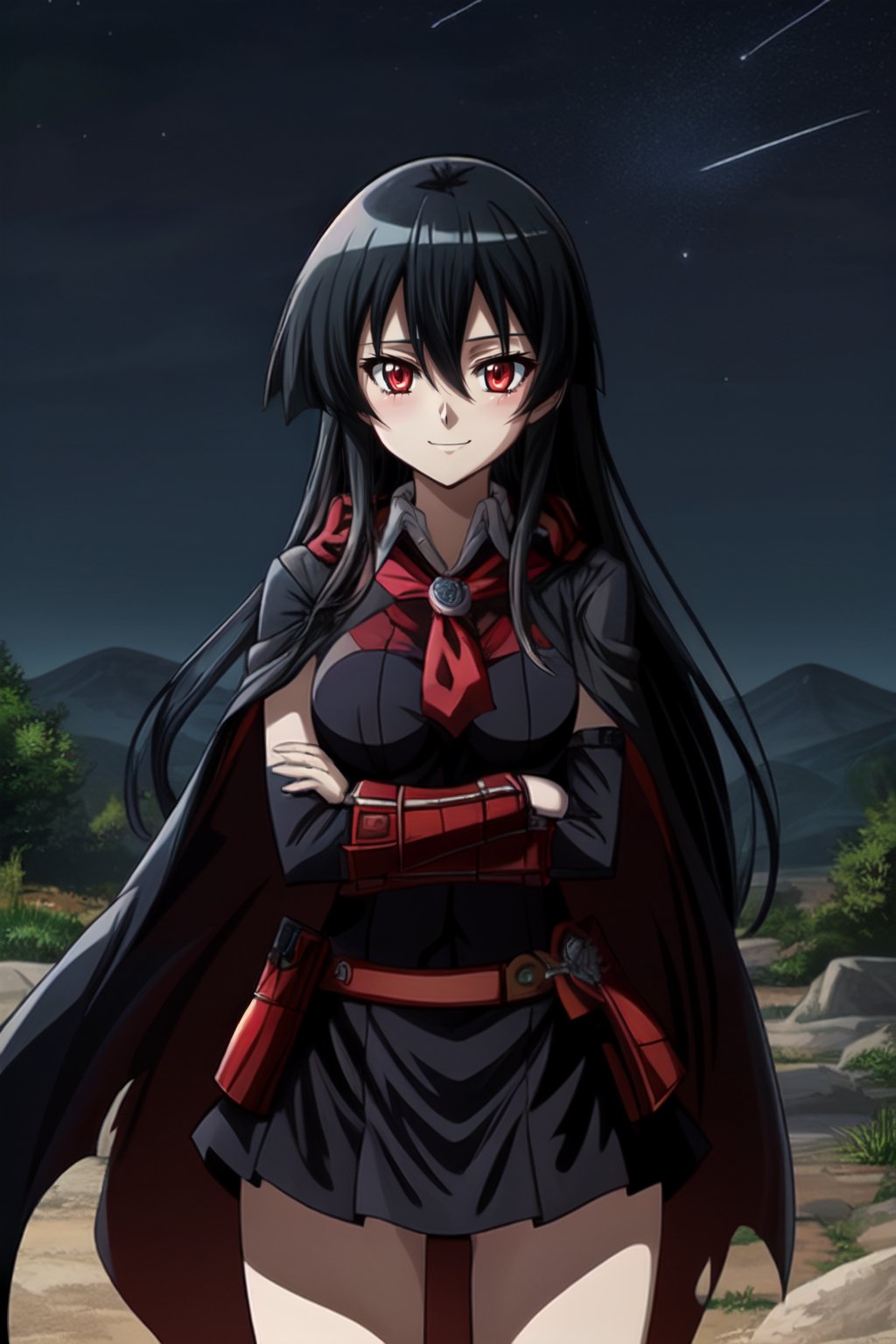 Akame (Akame ga Kill)Genshin impact night sky style Genshin impact night sky style, cloak armor bits ,cloak smile quality dragon symbol on chest both arms long black hair long black hair 