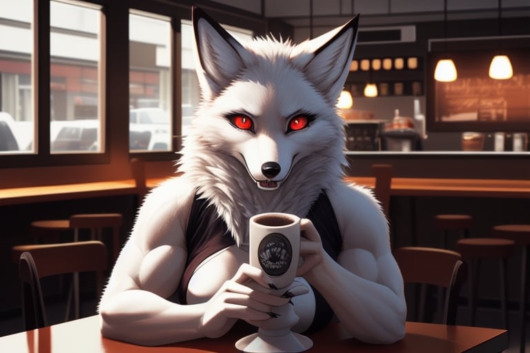 masterpiece, \(high, top, insane, extreme, perfect, Professional\)_\(quality, resolution, details, Image_sharpness\), intricate, high_\(quality_textures, resolution_textures\), absurdres, sharp details, award_winning, 8k uhd, realistic, female, arctic_fox, white_fur, café, red_eyes, furred_clothing, slit_pupils, muscular, tall, fox_tail, finger_claws, 