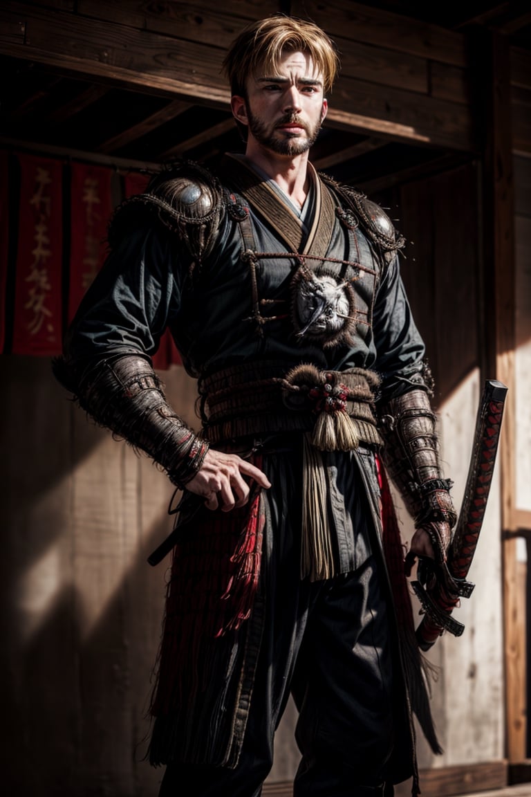 Realistic, (masterpiece1.2), (Ultra HDR quality),  the (Chris Evans) with japanese samurai suit, sengoku era, katanas, perfect samurai suit, full body shot,detailed face, detailed body