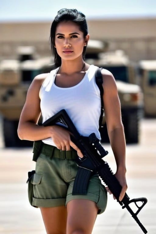 A female army officer stands confidently, wearing a crisp white tank top, army green shorts, and rugged combat boots. Her black hair cascades loosely down her back, framing her determined expression as she gazes away from the camera. The assault rifle slung over her shoulder is her trusted companion, while the absence of a backpack suggests she's on a mission with no distractions.