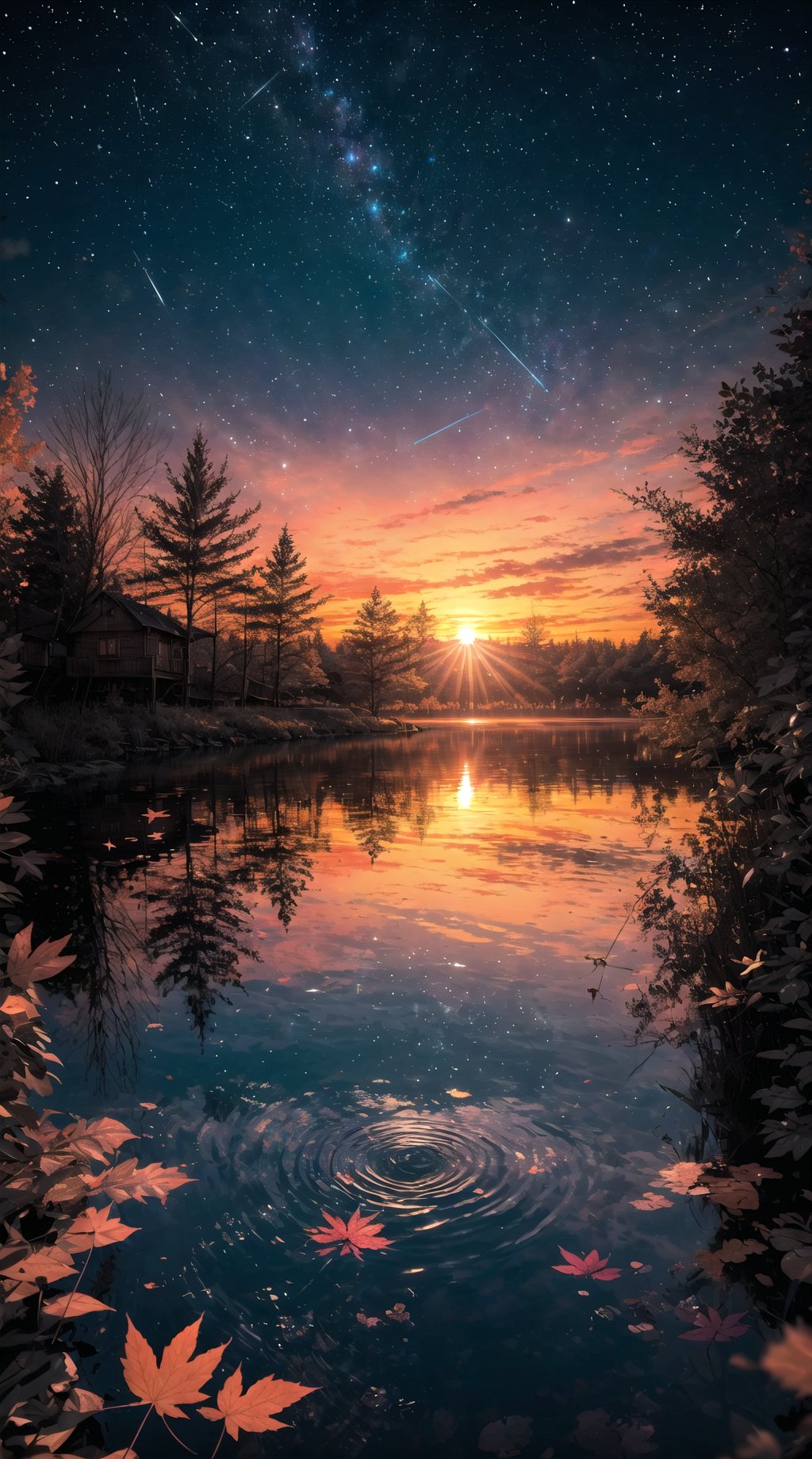 Wooden cabin in the midle of Lake,  ((vibrant sunset with stars visible)),  golden rays by TestingWaters on Tensor.Art