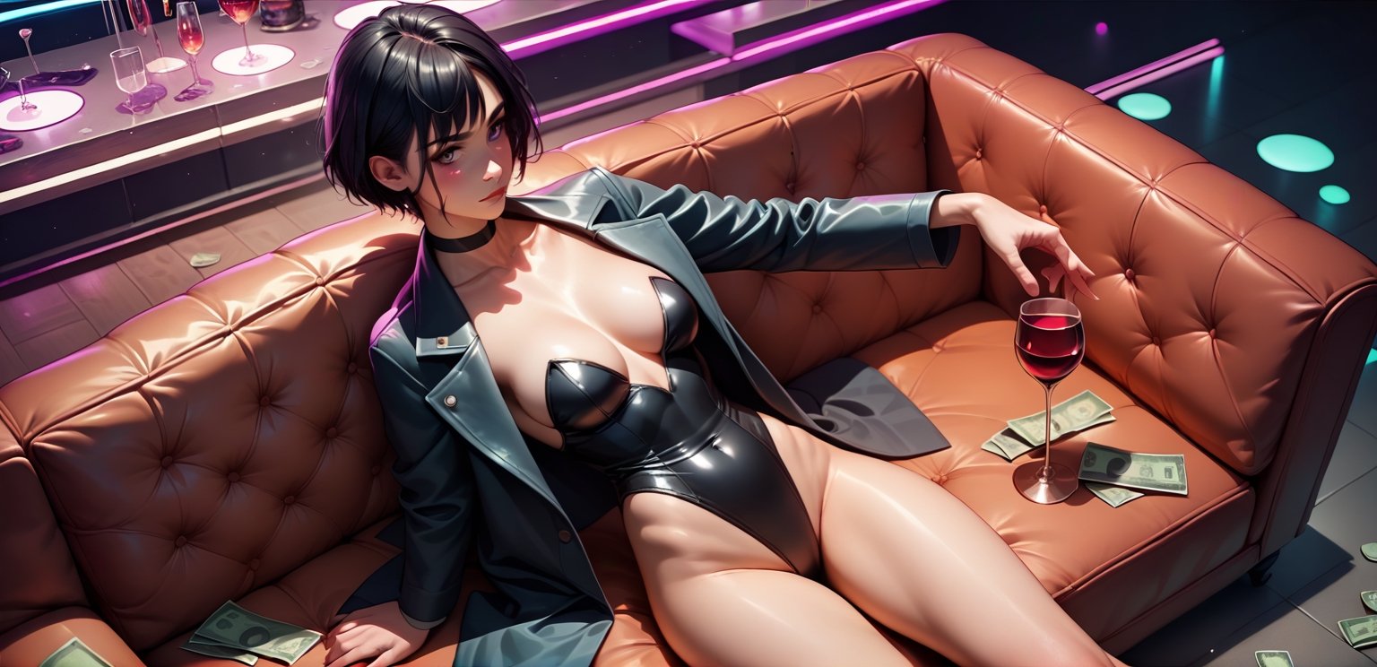 score_9, score_8_up, score_8, 1girl, leotard, black hair, short hair, in a club, disco, closeup, sitting on couch, wine glass in hand, long coat, view from above, money rain