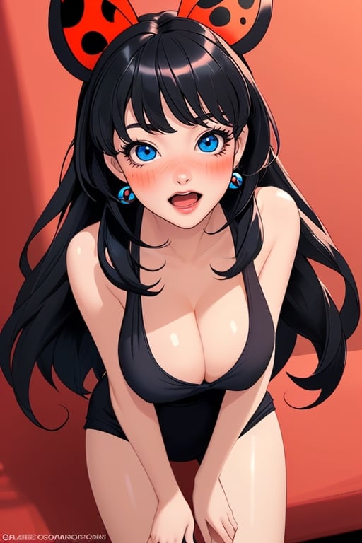 1girl, solo, long hair, breasts, blush, open mouth, bangs, blue eyes, black hair, miraculous ladybug long legs cleavage