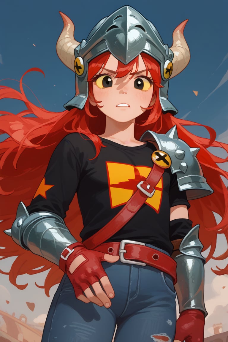 Score_9, Score_8_up, Score_7_up , 1 girl , possummach,bsdraco, 1boy, helmet, horns,  black eyes, yellow sclera,  red hair, long hair,  black shirt,  belt, jeans, helmet,  solo,long hair, arm armor, shoulder spikes,  knee pads, red gloves