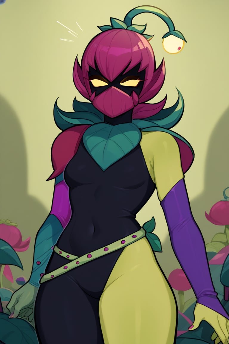 Score_9, Score_8_up, Score_7_up,1 girl,bslily 1girl  green skin,  yellow eyes,  shaded face,   no mouth, pink hair, shaded face,pink mouth mask, plant gir,sleveless, black bodysuit,  asymmetrical sleeves,  purple sleeve   ,standing