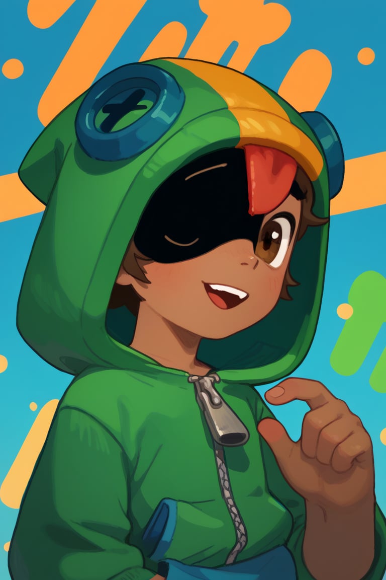 Score_9, Score_8_up, Score_7_up , 1boy ,bsln, solo, male focus, dark skin, dark skin male ,brown hair ,  shaded face, hood, green hoodie,blue shorts ,  zipper, upper body , looking at viewer , ,upper teeth, 