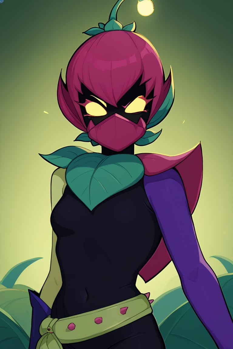 Score_9, Score_8_up, Score_7_up,1 girl,bslily 1girl  green skin,  yellow eyes,  shaded face,   no mouth, pink hair, shaded face,pink mouth mask, plant gir,sleveless, black bodysuit,  asymmetrical sleeves,  purple sleeve   ,standing