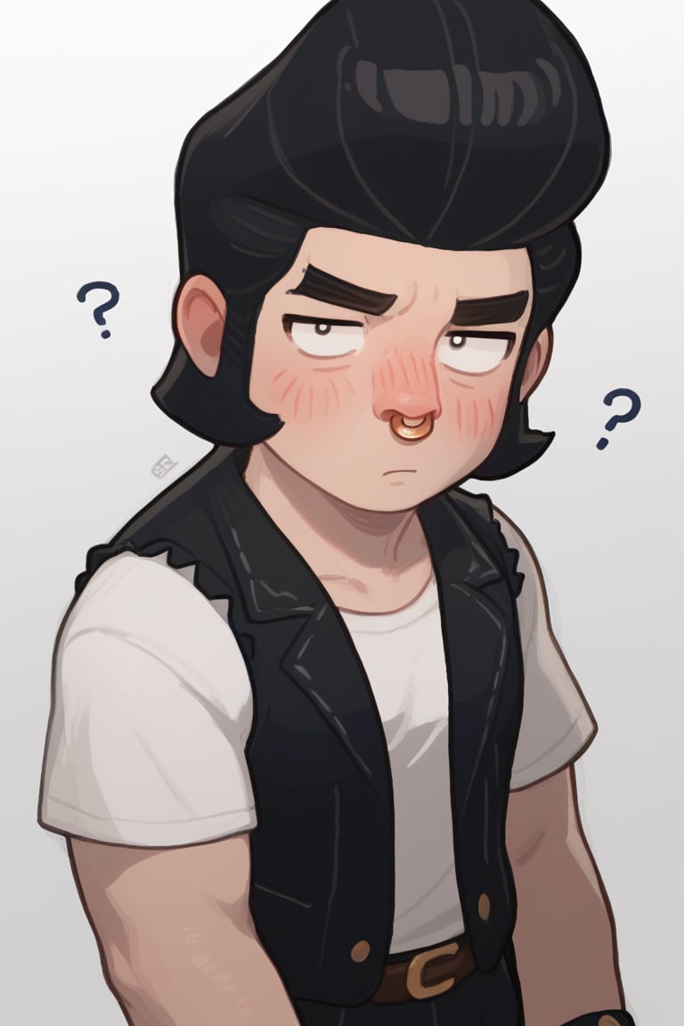 Score_9, Score_8_up, Score_7_up , 1 boy , bsbl , 1BOY, white shirt, black vest,open clotes ,  nose ring, pompadour ,  black hair , standing, artstyle , confused , blush , ??? , looking_at_viewer ,possummach

