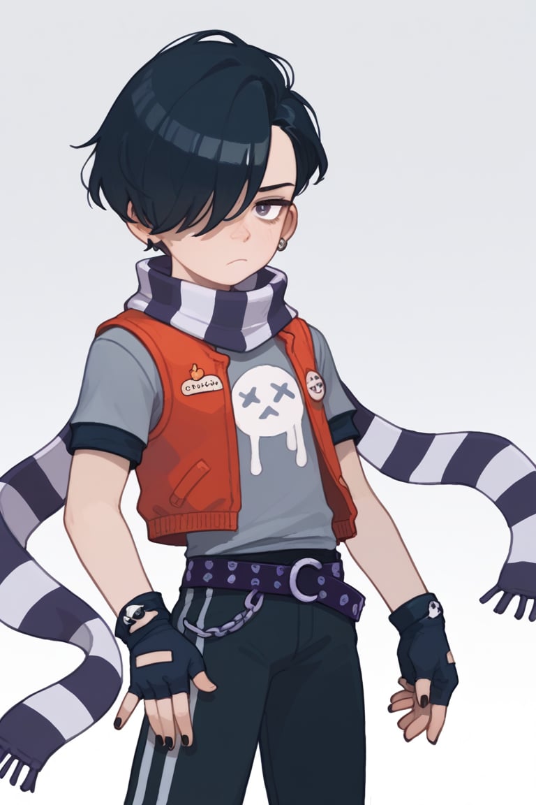 Score_9, Score_8_up, Score_7_up , 1 girl , possummach,bsedgar, 1boy, red vest, short hair, black hair, hair over one eye, ear piercing, solo,striped scarf  grey shirt,  short sleeves, belt, black pants,black gloves,   fingerless gloves, black nails,  