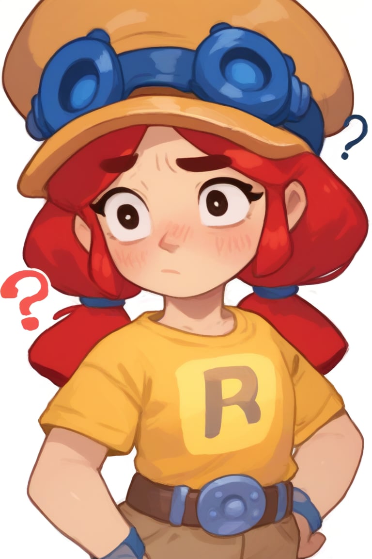 Score_9, Score_8_up, Score_7_up , possummach ,bsjessie,red hair,pigtails,hat,goggles on headwear,yellow shirt,brown pants,belt , confused , ??? , blush , smile , nervous smile , simple background