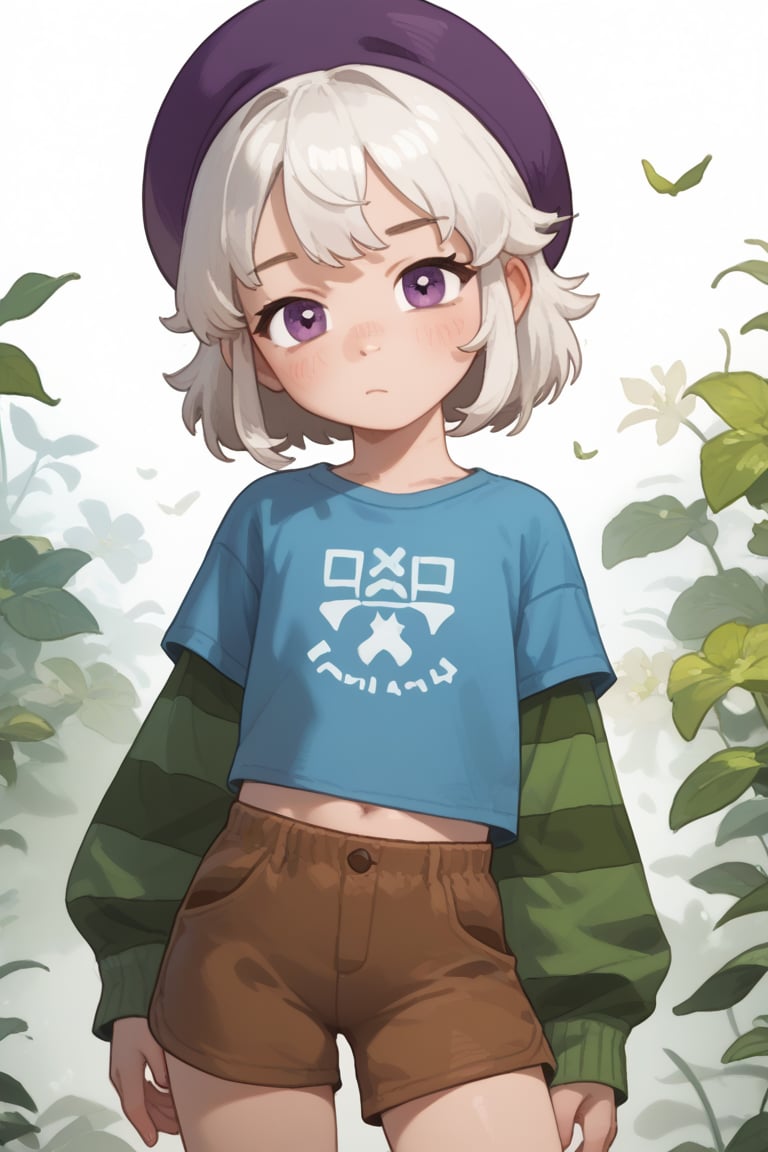 Score_9, Score_8_up, Score_7_up , 1 girl , possummach,1boy,    bsgus,green sleeves, blue shirt,brown  shorts, white hair,Striped sleeves,purple headwear, looking at viewer,  