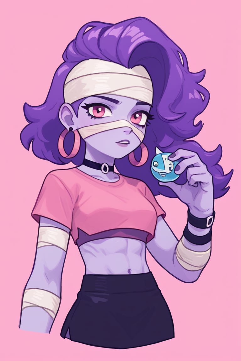 Score_9, Score_8_up, Score_7_up , possummach ,bsemz, 1 girl, purple skin, bandages,Earrings, purple hair, skirt,cropped shirt, pink shirt  