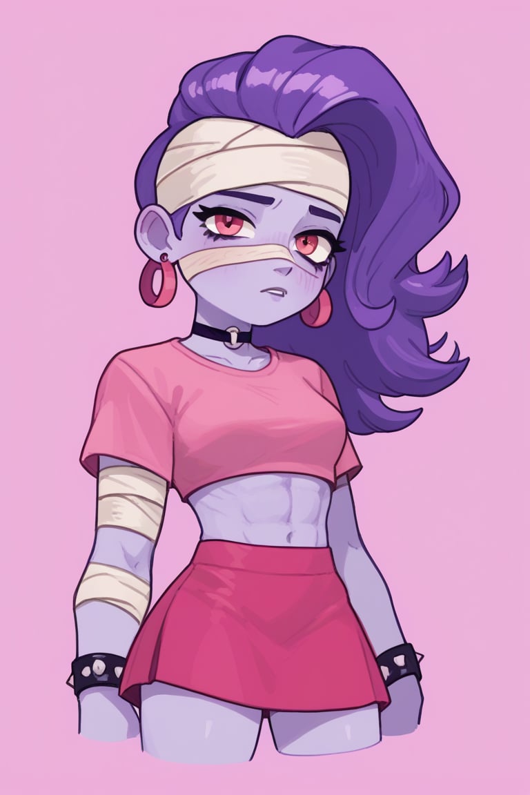 Score_9, Score_8_up, Score_7_up , 1 girl , possummach,bsemz, purple skin, bandages,Earrings, purple hair, skirt,cropped shirt, pink shirt  