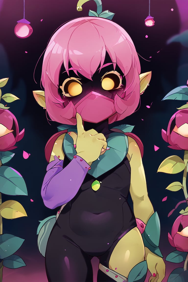 Score_9, Score_8_up, Score_7_up,1 girl,bslily 1girl  green skin,  yellow eyes,  shaded face,   no mouth, pink hair, shaded face,pink mouth mask, plant gir,sleveless, black bodysuit,  asymmetrical sleeves,  purple sleeve   ,standing