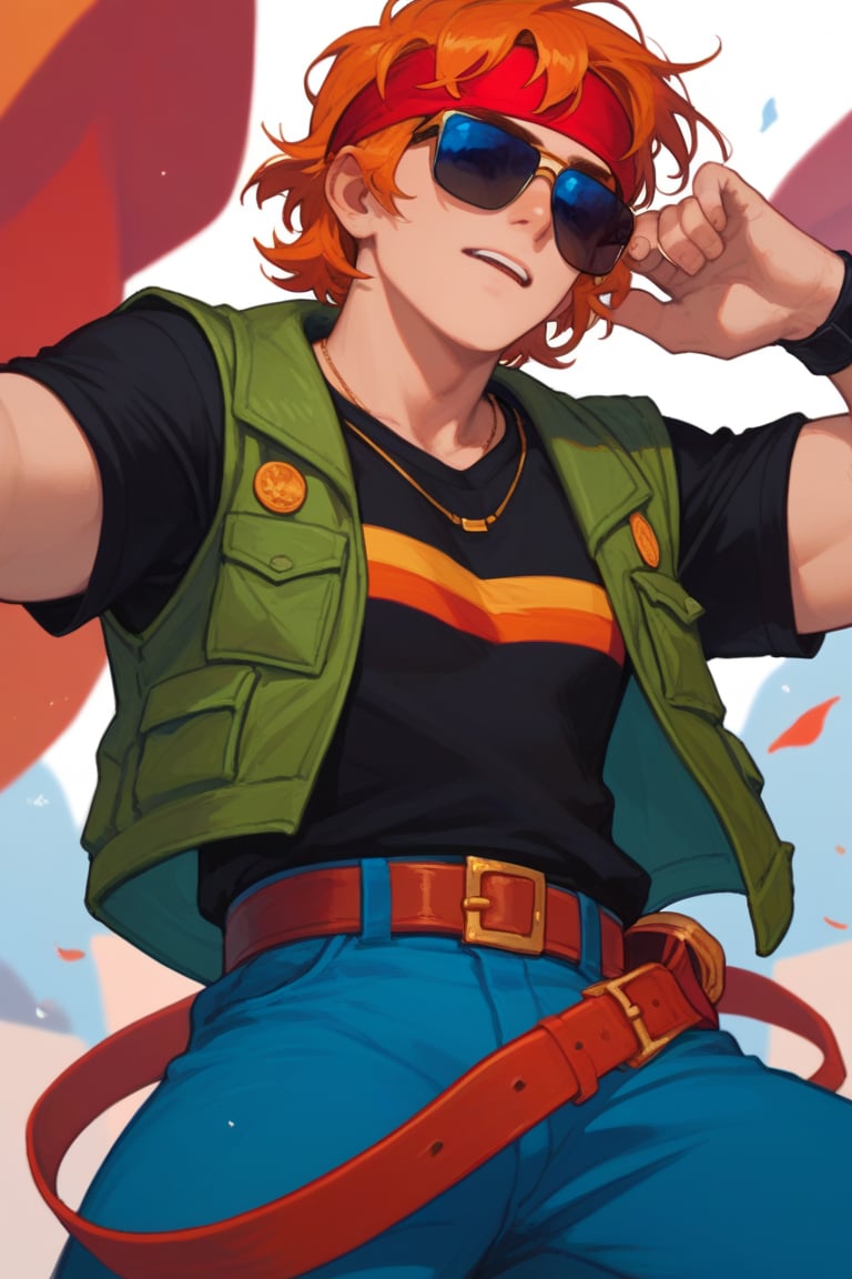 Score_9, Score_8_up, Score_7_up , Score_9, Score_8_up, Score_7_up ,possummach
 ,bsbuster  ,1BOY, black shirt, green vest, blue pants, belt, orange hair, red hair band, short hair, sunglasses ,Red bandana ,