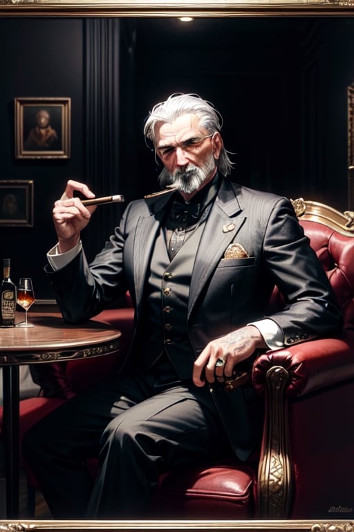 Old man, ultra quality, mafia, 1920, cigar, whiskey, in a chair at the table, black eyes and hair, golden ratio, masterpiece detail, acrylic palette knife, dark tones, serious look, gold ring, emblem with gems, subordinates in the background, power pose,