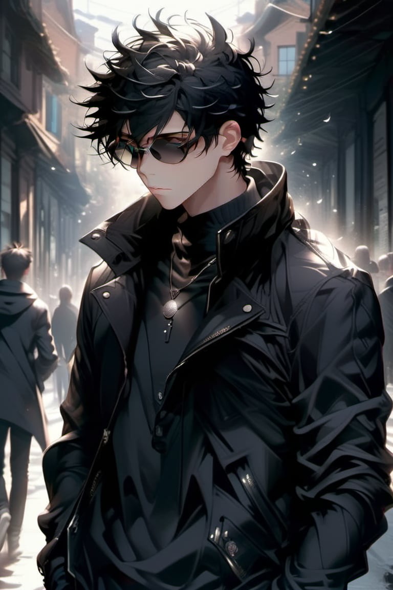 ((masterpiece:1.5)), ((best quality:1.5)), ((highres:1.5)), anime, ((1boy)), ((male_only:1.24)), male_focus, solo, close_up, black_hair, sunglasses, casual clothed, street, daylight, ((black_jacket)), black jeans. 8k,((hyper_fine_ultra_detailed:1.2)), pixiv, midjourney,AngelicStyle,Spirit Fox Pendant