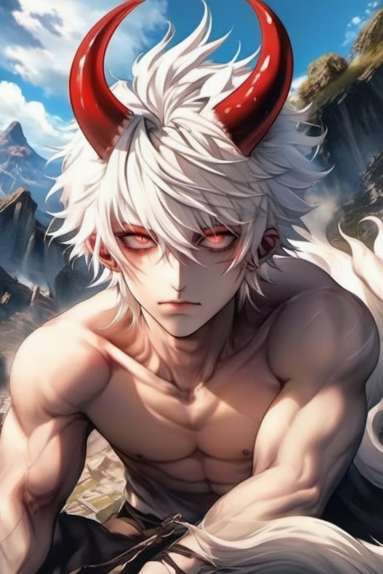 ((masterpiece:1.5)), ((best quality:1.5)), ((highres:1.5)), anime, ((1girl)), ((Boy_hot_ body)), Body_,solo, cute white_hair, Demon_horns
   daylight_ lying  8k,FilmGirl