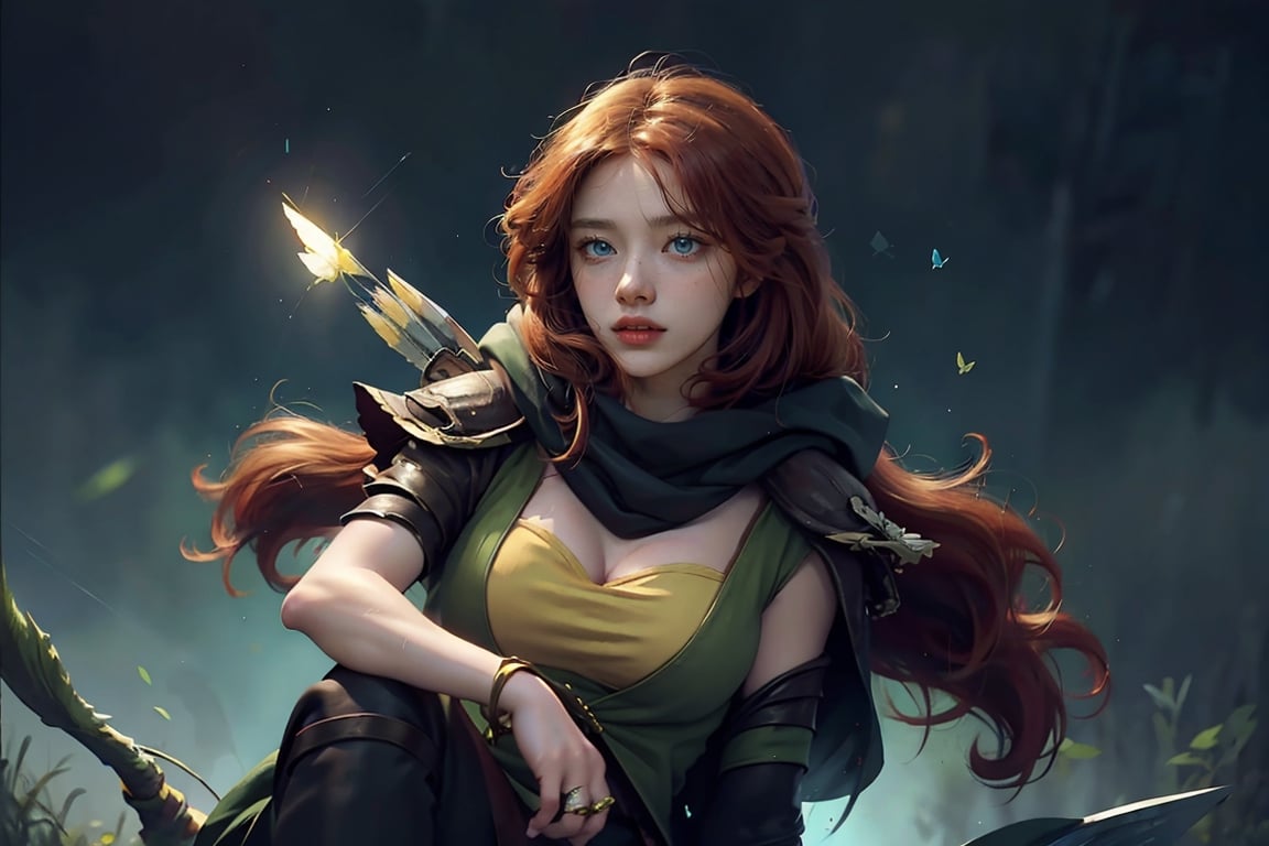 (masterpiece:1.2), best quality,PIXIV, arcana,arcana,Windranger anime style, solo, bow (weapon), weapon, 1girl, red hair, hair ornament, simple background, flower, hair flower, long hair, bug, butterfly, blue eyes, arrow (projectile), no humans, sitting