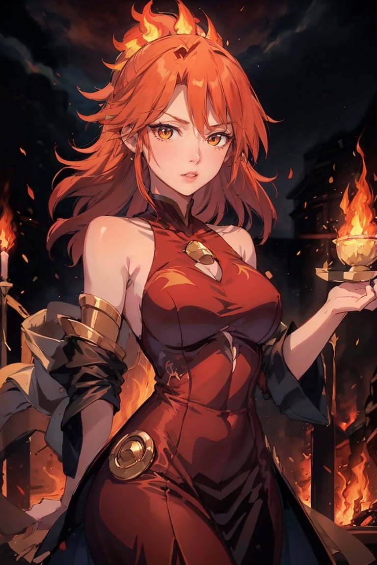 masterpiece:1.2), best quality, PIXIV, arcana, arcana, 1girl, red hair,  fire background, fire hair ,bug, fire, fire dragon, red glow,lina,girl,SharpEyess