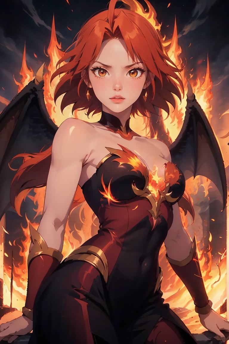 masterpiece:1.2), best quality, PIXIV, arcana, arcana, 1girl, red hair,  fire background, fire hair ,bug, fire, fire dragon, red glow,lina,girl,SharpEyess