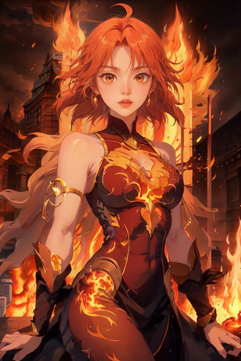 masterpiece:1.2), best quality, PIXIV, arcana, arcana, 1girl, red hair,  fire background, fire hair ,bug, fire, fire dragon, red glow,lina,girl,SharpEyess